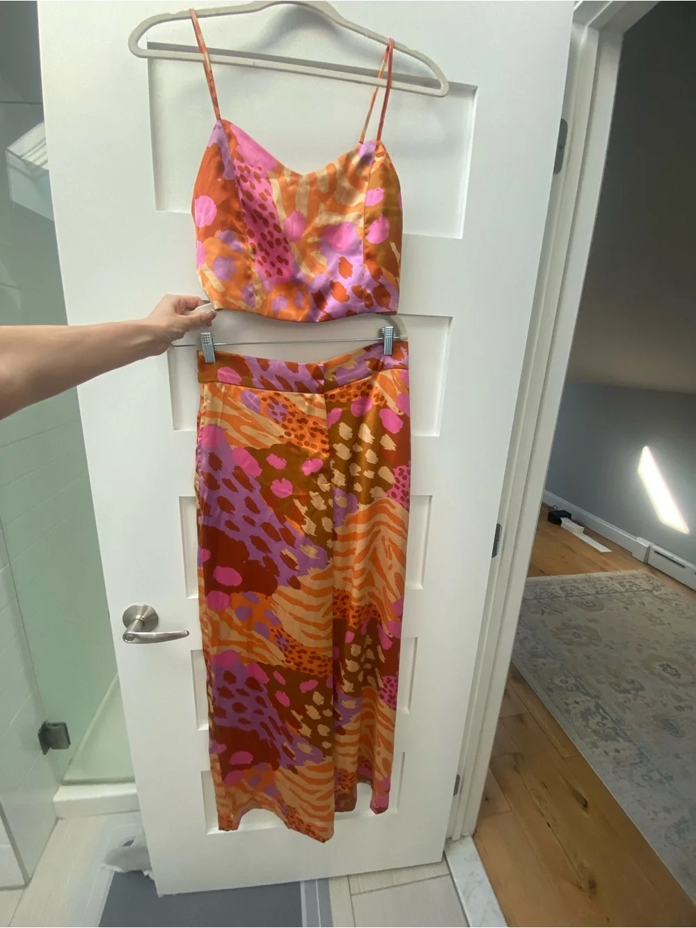 Christian Lacroix designer Satin Wide-Leg Pants in Pink & Orange Abstract Print